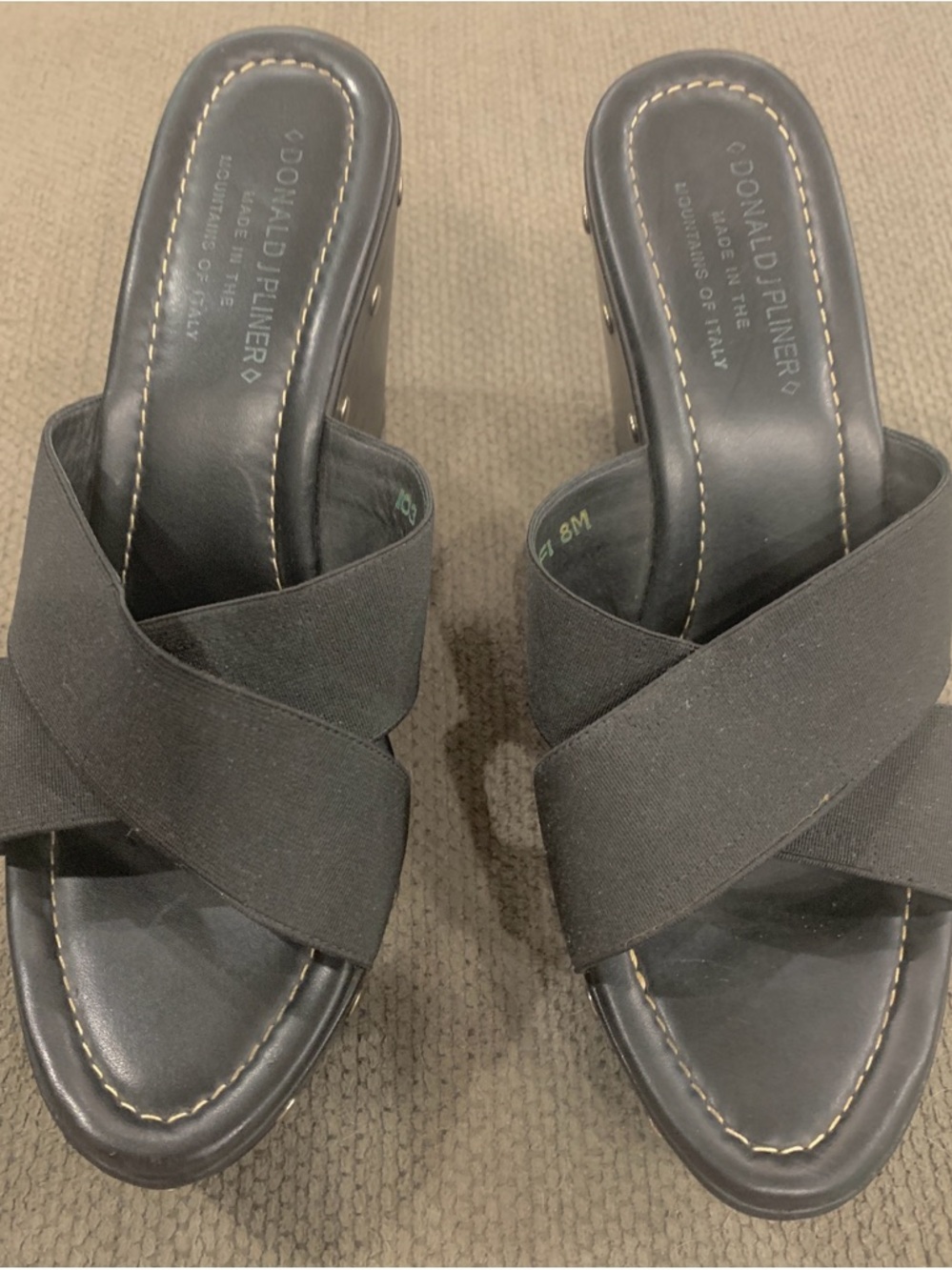 Donald J. Pliner Black Crisscross Elastic Slide Platform Mules